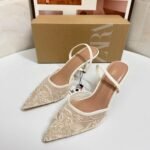 Temperament Stiletto Heels Pointy Toe Slipper Embroidered Beaded Lace Mesh Sandals